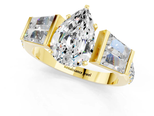 Yellow gold Pear Cut Moissanite Engagement Ring with Baguette Side Stones and Channel Set Band