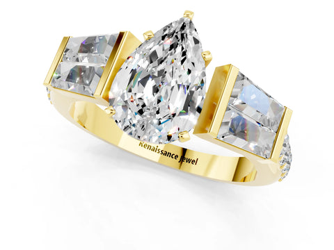 Yellow gold Pear Cut Moissanite Engagement Ring with Baguette Side Stones and Channel Set Band_1