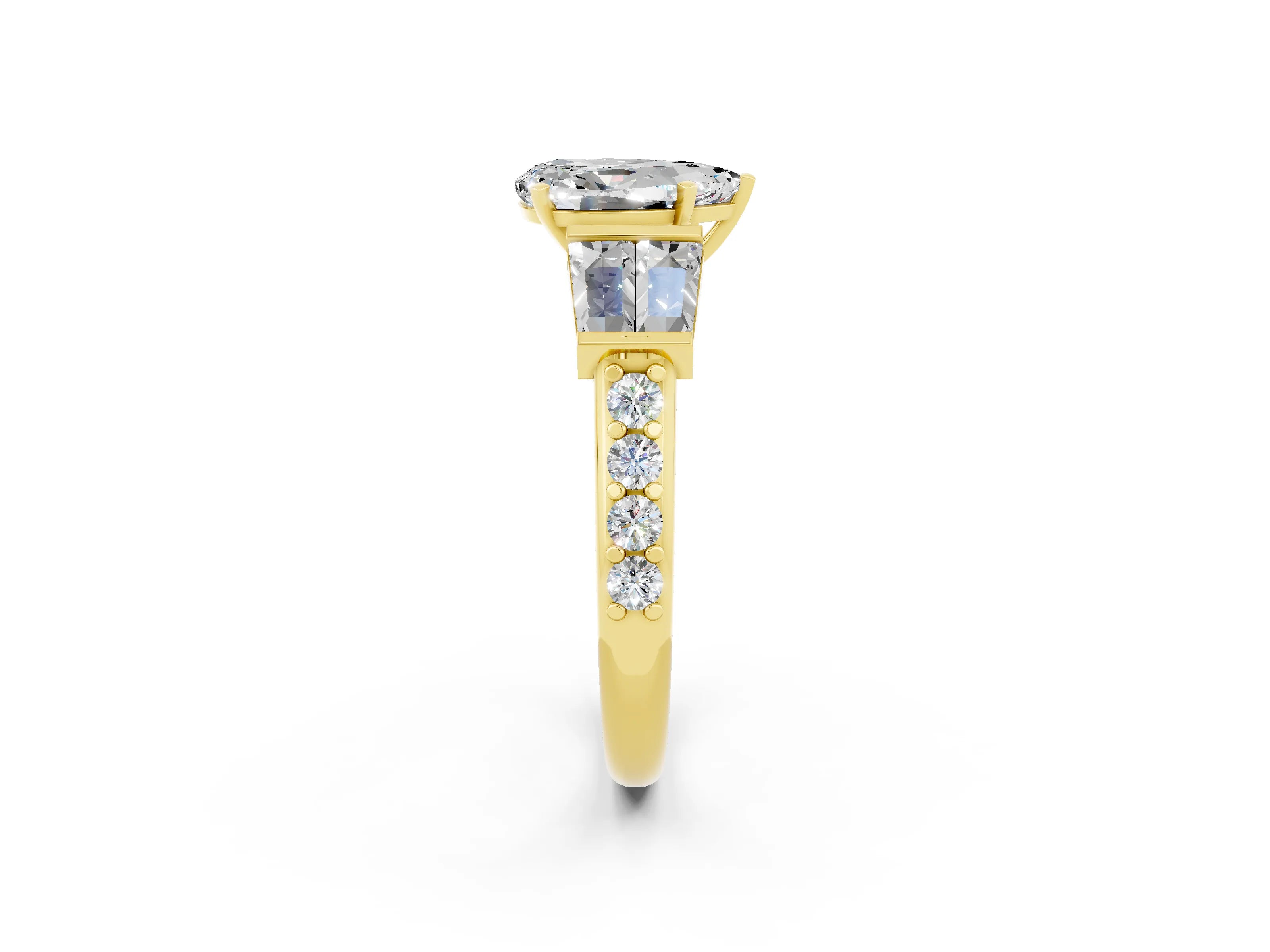Yellow gold Pear Cut Moissanite Engagement Ring with Baguette Side Stones and Channel Set Band_2