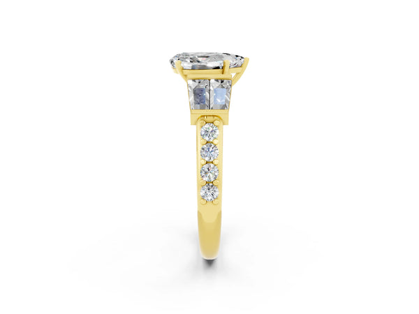 Yellow gold Pear Cut Moissanite Engagement Ring with Baguette Side Stones and Channel Set Band