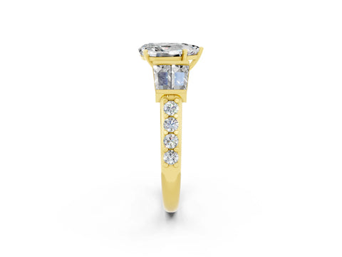 Yellow gold Pear Cut Moissanite Engagement Ring with Baguette Side Stones and Channel Set Band_2