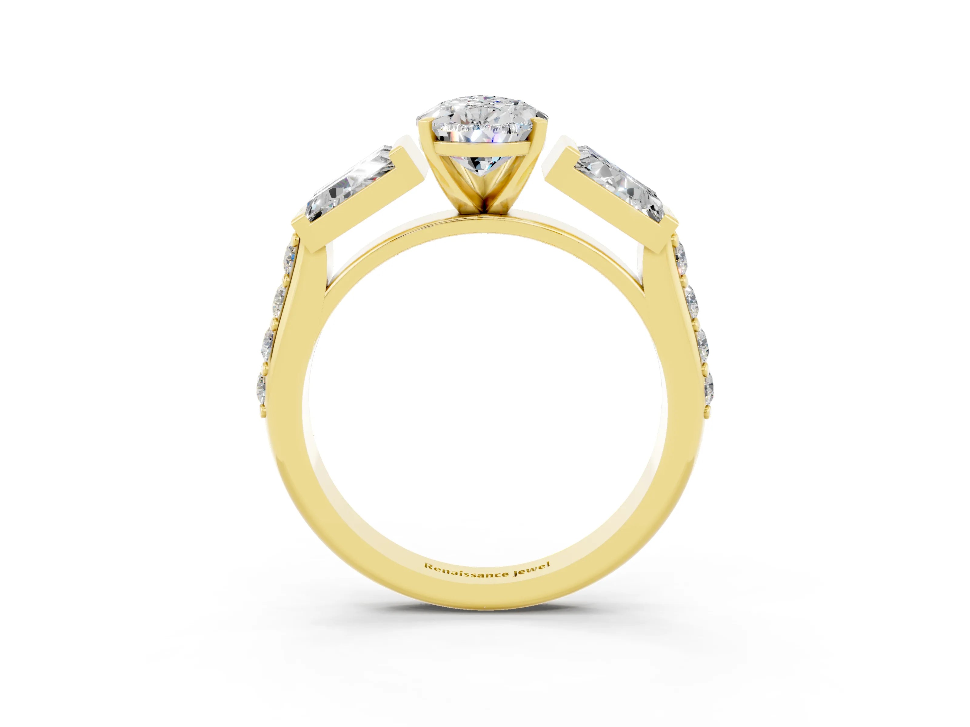 Yellow gold Pear Cut Moissanite Engagement Ring with Baguette Side Stones and Channel Set Band_3