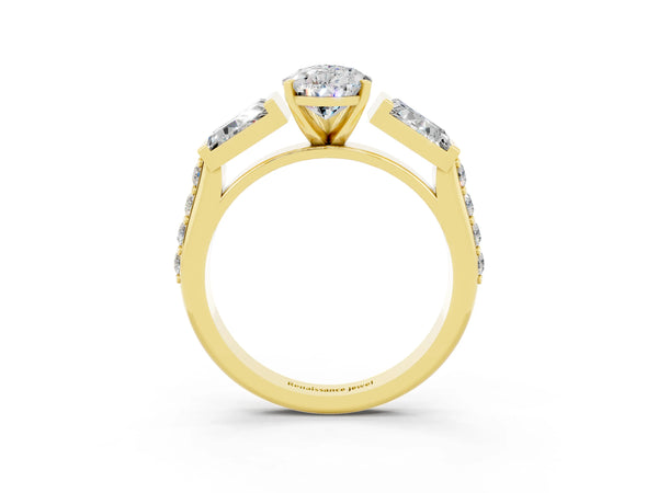 Yellow gold Pear Cut Moissanite Engagement Ring with Baguette Side Stones and Channel Set Band