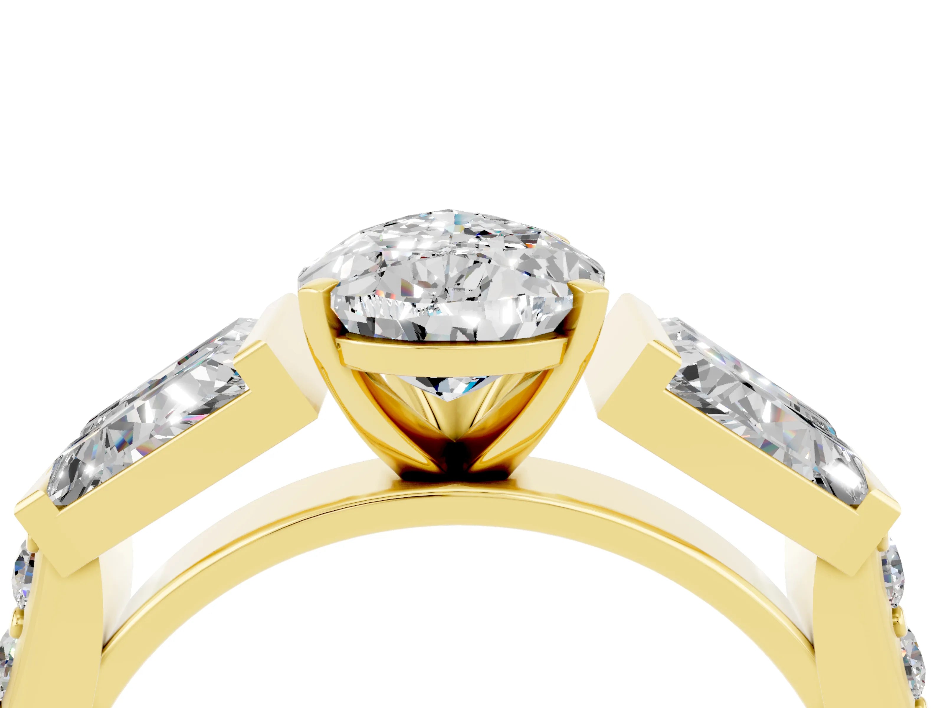 Yellow gold Pear Cut Moissanite Engagement Ring with Baguette Side Stones and Channel Set Band_4