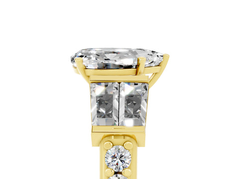 Yellow gold Pear Cut Moissanite Engagement Ring with Baguette Side Stones and Channel Set Band_5