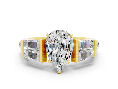 Yellow gold Pear Cut Moissanite Engagement Ring with Baguette Side Stones and Channel Set Band