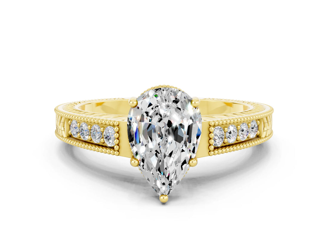 Yellow gold Pear Cut Moissanite Engagement Ring with Milgrain Channel Set Band and Prong Setting