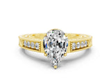 Yellow gold Pear Cut Moissanite Engagement Ring with Milgrain Channel Set Band and Prong Setting