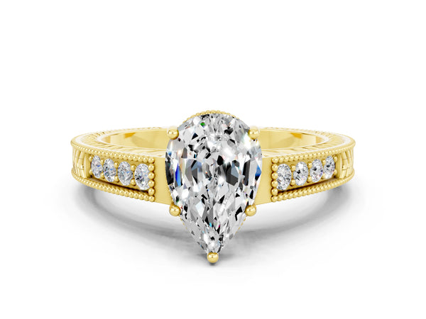 Yellow gold Pear Cut Moissanite Engagement Ring with Milgrain Channel Set Band and Prong Setting
