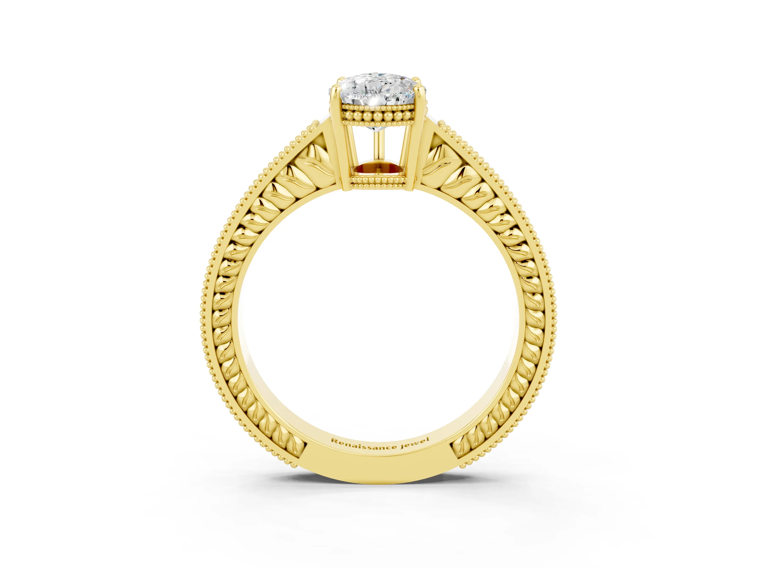 Yellow gold Pear Cut Moissanite Engagement Ring with Milgrain Channel Set Band and Prong Setting_3