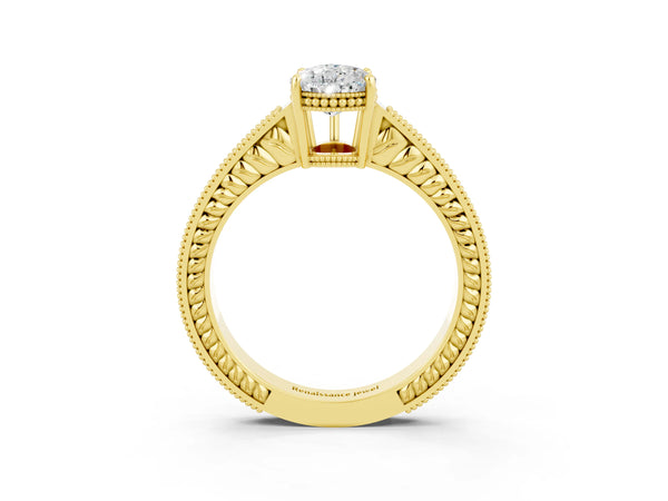 Yellow gold Pear Cut Moissanite Engagement Ring with Milgrain Channel Set Band and Prong Setting