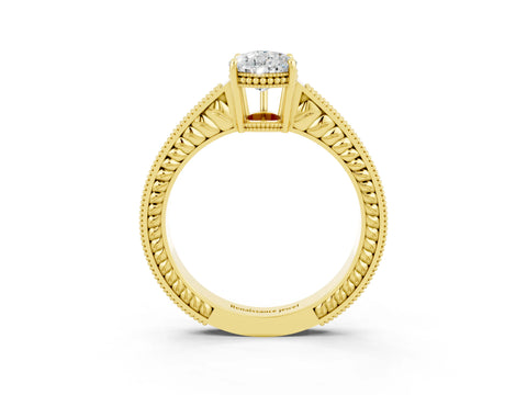 Yellow gold Pear Cut Moissanite Engagement Ring with Milgrain Channel Set Band and Prong Setting_3