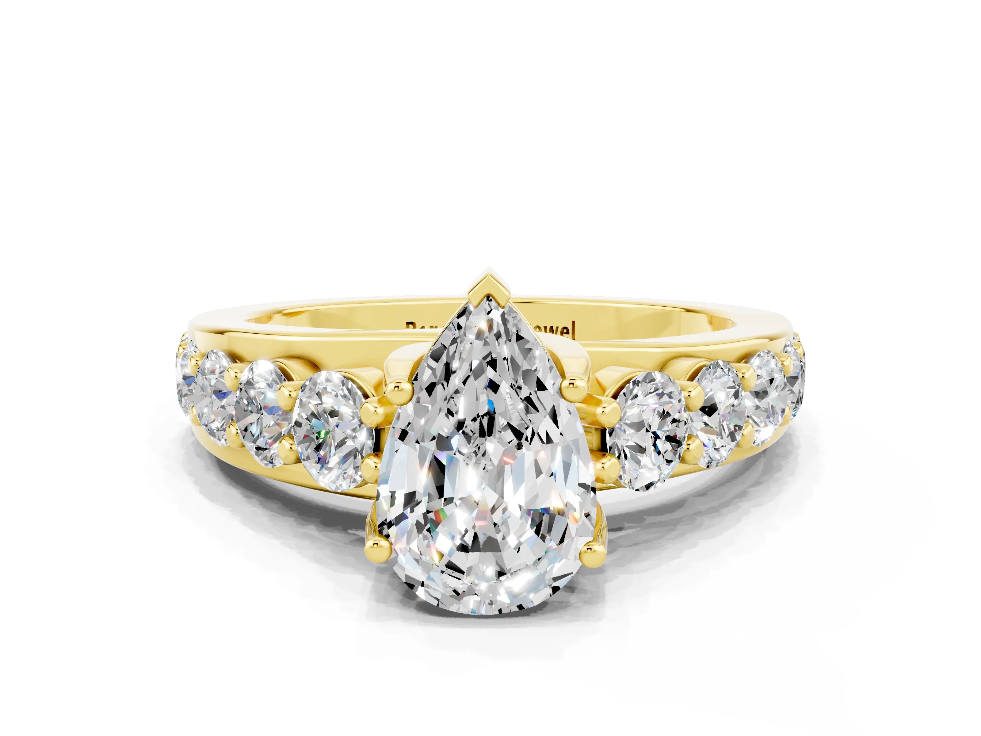 Yellow gold Pear Cut Moissanite Engagement Ring with Pavé Band and Four-Prong Setting