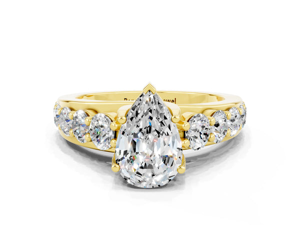 Yellow gold Pear Cut Moissanite Engagement Ring with Pavé Band and Four-Prong Setting
