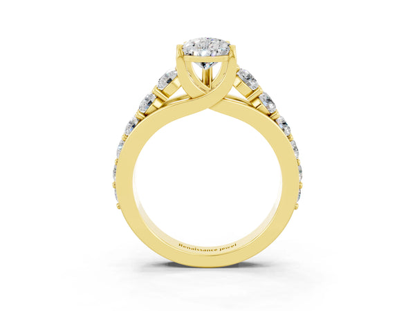 Yellow gold Pear Cut Moissanite Engagement Ring with Pavé Band and Four-Prong Setting
