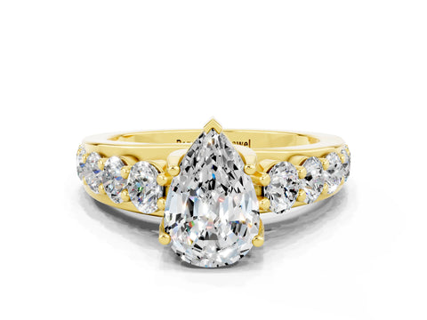 Yellow gold Pear Cut Moissanite Engagement Ring with Pavé Band and Four-Prong Setting