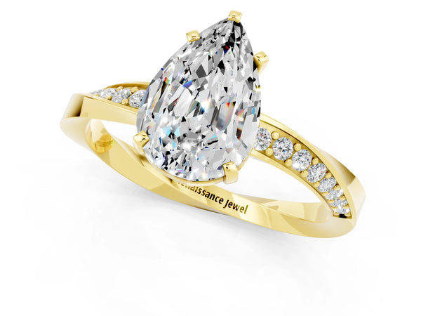 Yellow gold Pear Cut Moissanite Engagement Ring with Side Stone Accents and Four-Prong Setting