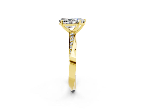 Yellow gold Pear Cut Moissanite Engagement Ring with Side Stone Accents and Four-Prong Setting