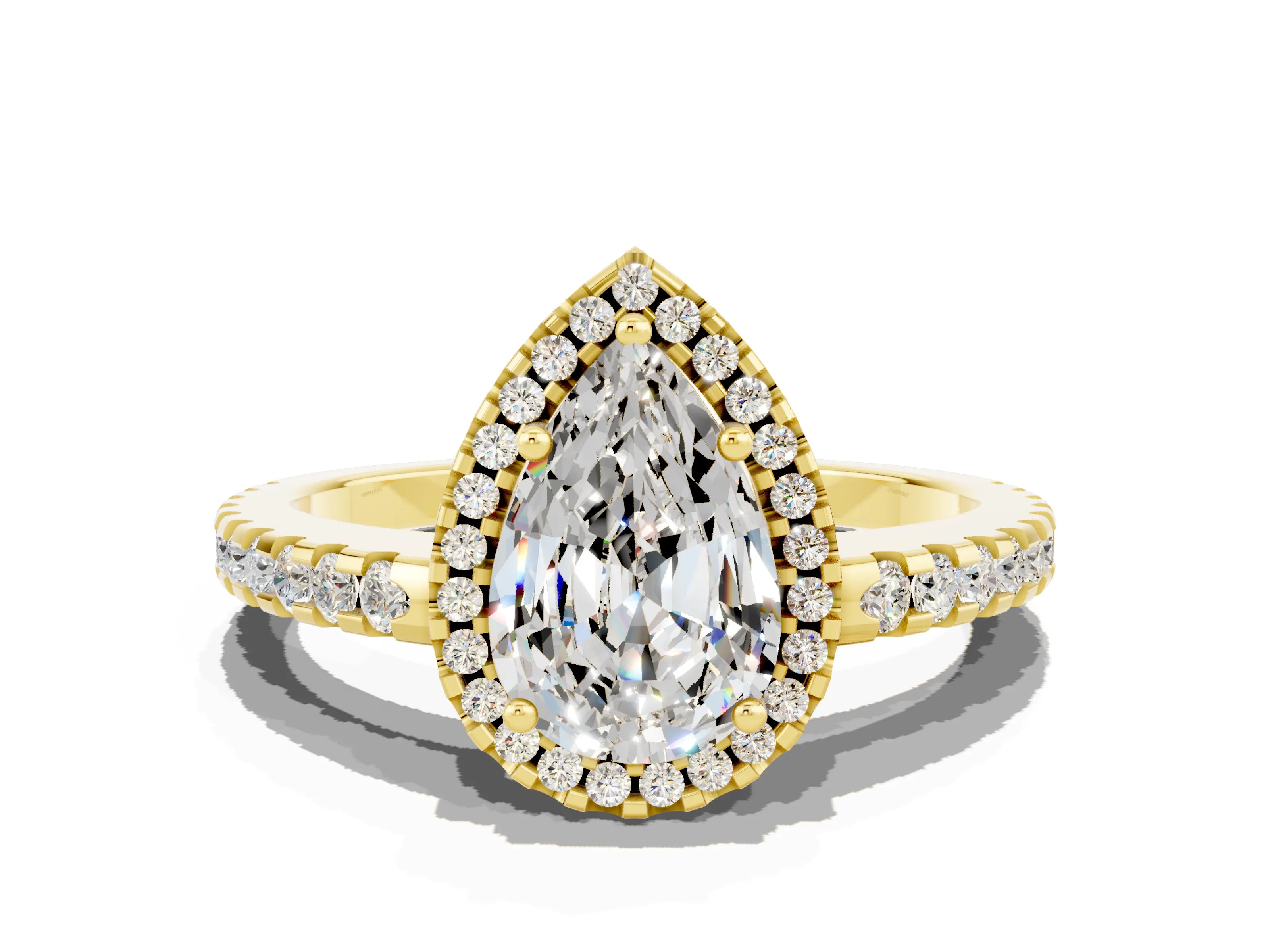 Yellow gold Pear Cut Moissanite Halo Engagement Ring with Pavé Band and Prong Setting_12
