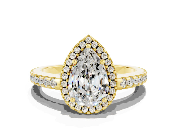Yellow gold Pear Cut Moissanite Halo Engagement Ring with Pavé Band and Prong Setting