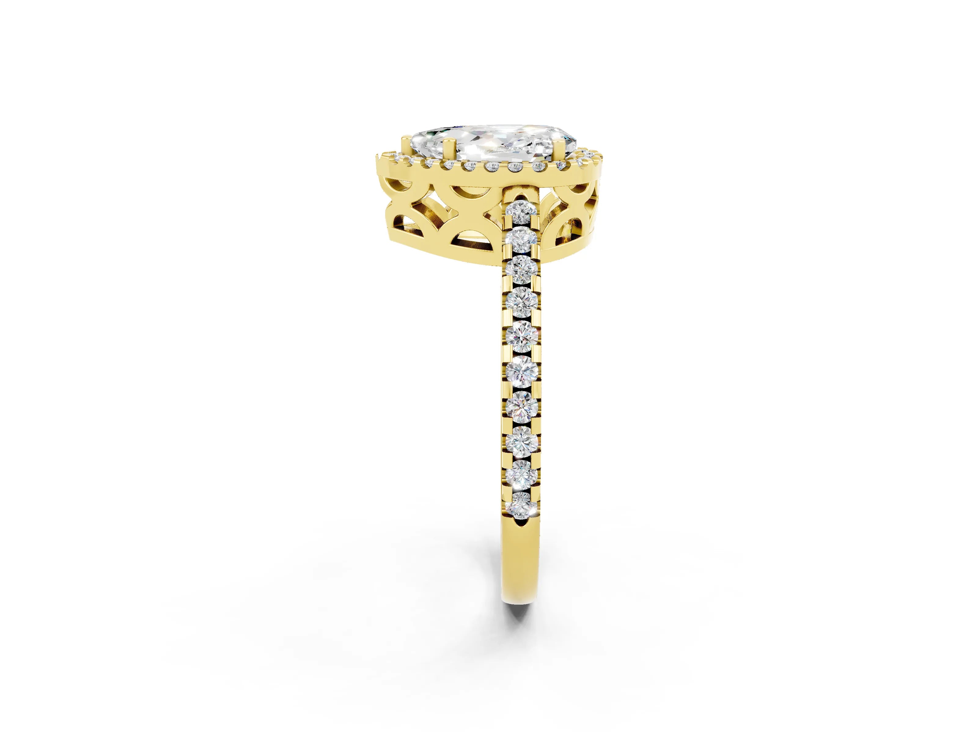Yellow gold Pear Cut Moissanite Halo Engagement Ring with Pavé Band and Prong Setting_14