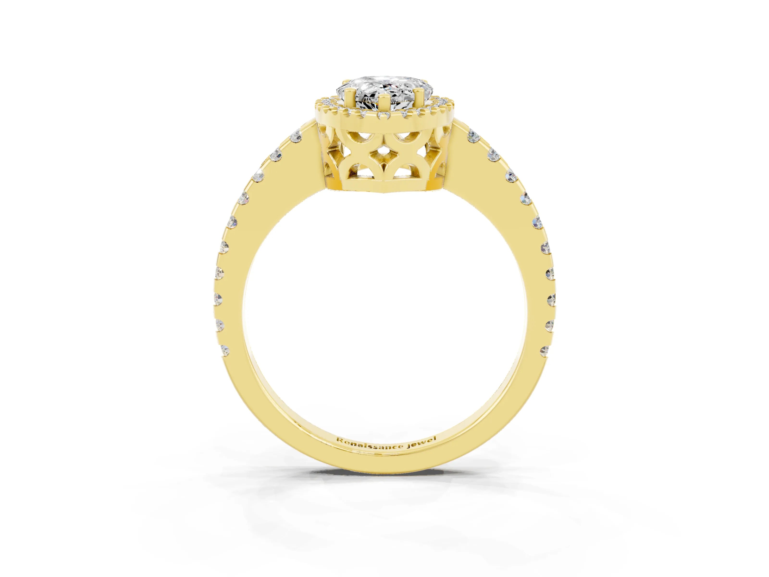 Yellow gold Pear Cut Moissanite Halo Engagement Ring with Pavé Band and Prong Setting_15