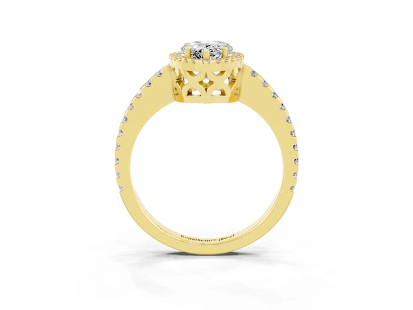 Yellow gold Pear Cut Moissanite Halo Engagement Ring with Pavé Band and Prong Setting