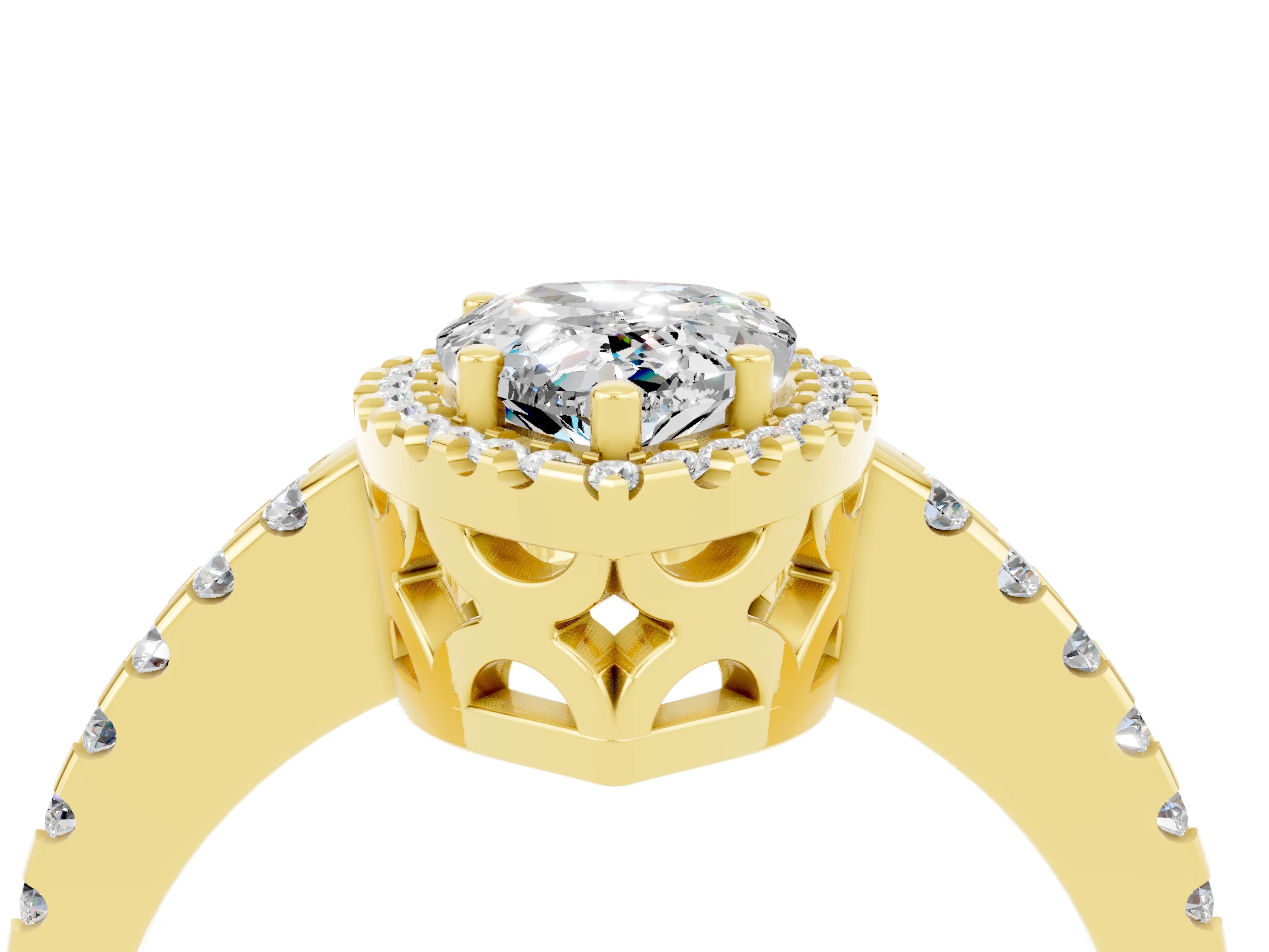 Yellow gold Pear Cut Moissanite Halo Engagement Ring with Pavé Band and Prong Setting_16