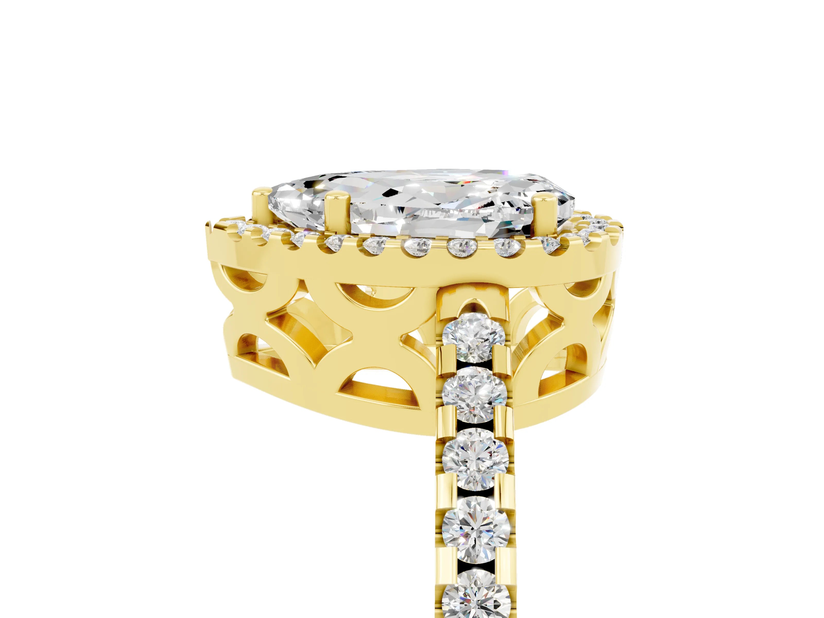 Yellow gold Pear Cut Moissanite Halo Engagement Ring with Pavé Band and Prong Setting_17