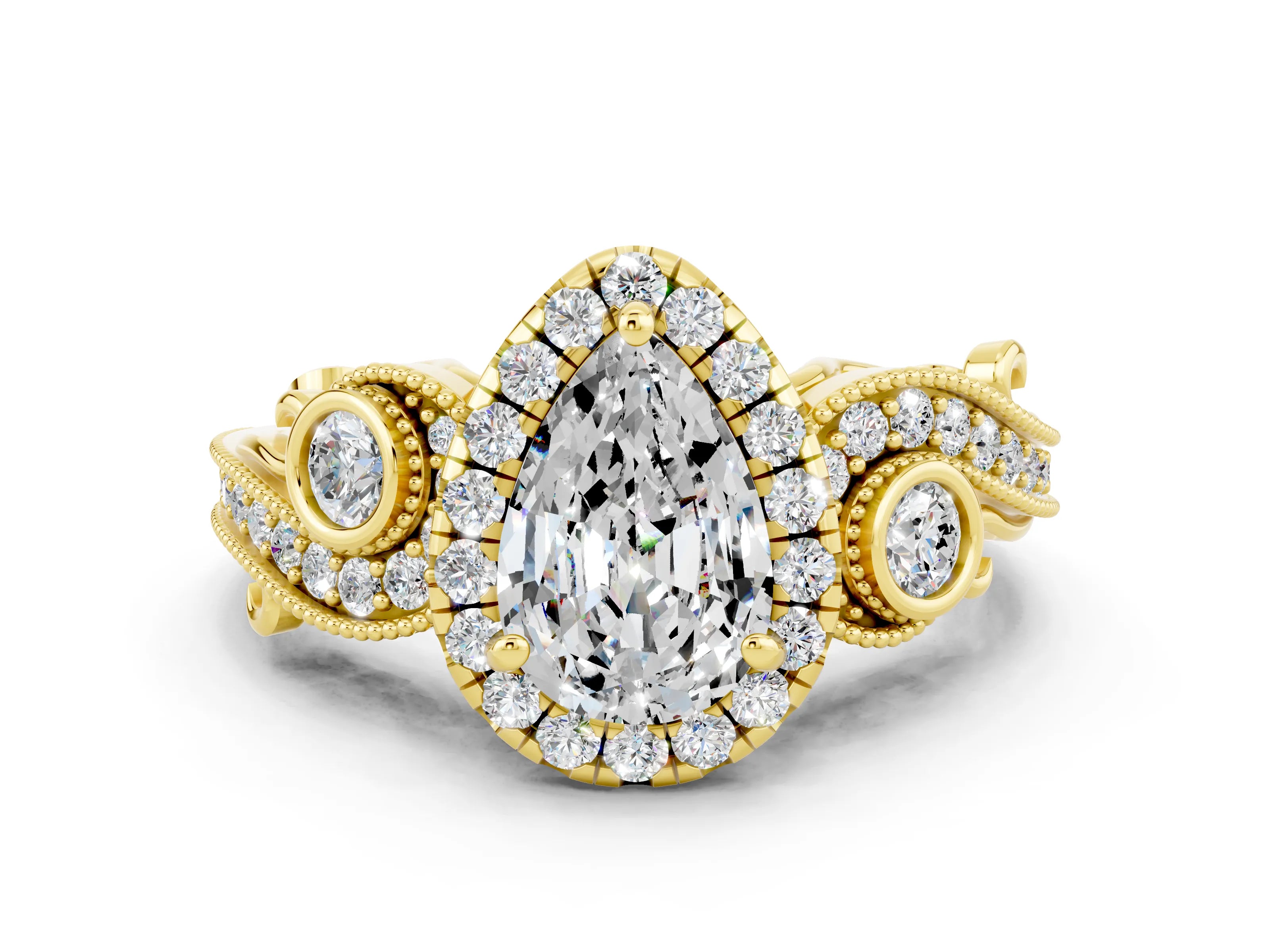 Yellow gold Pear Cut Moissanite Halo Ring with Milgrain Pavé Band and Four-Prong Setting_12
