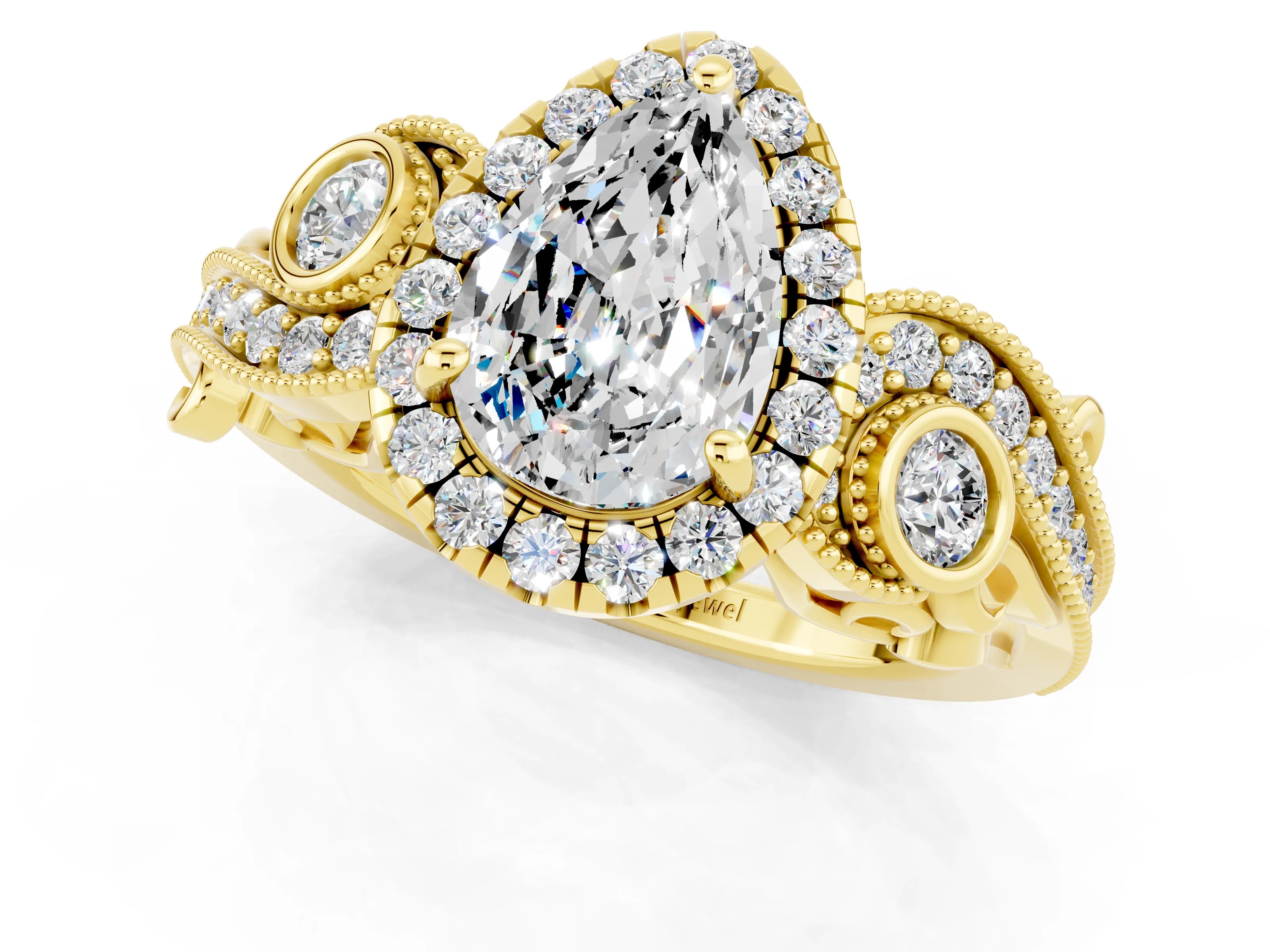 Yellow gold Pear Cut Moissanite Halo Ring with Milgrain Pavé Band and Four-Prong Setting_13