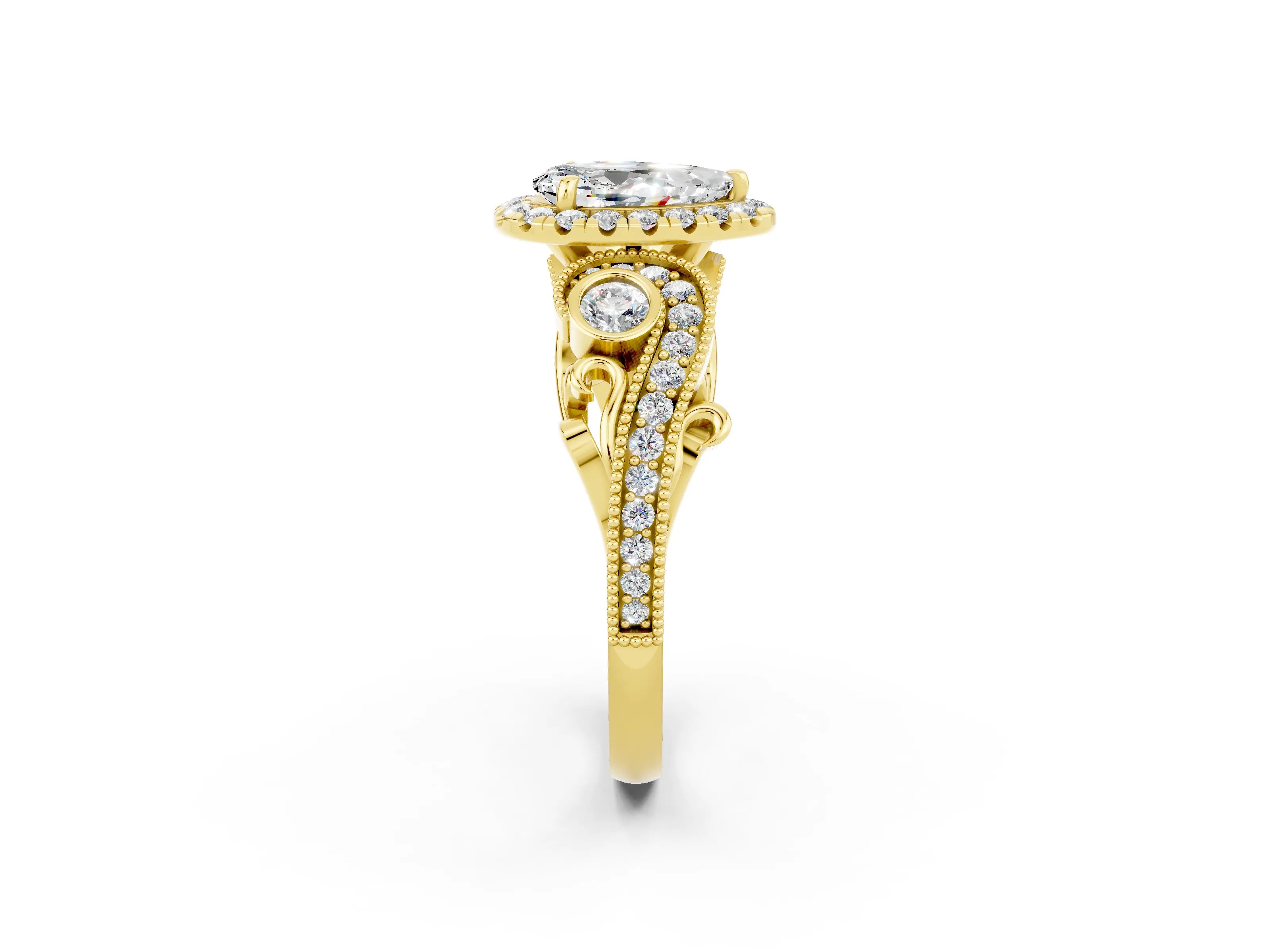 Yellow gold Pear Cut Moissanite Halo Ring with Milgrain Pavé Band and Four-Prong Setting_14