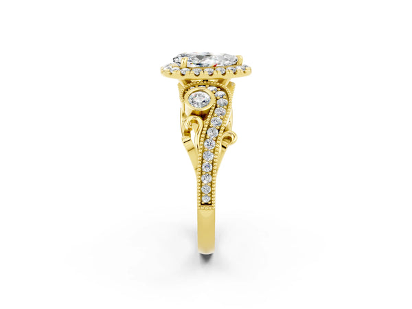 Yellow gold Pear Cut Moissanite Halo Ring with Milgrain Pavé Band and Four-Prong Setting