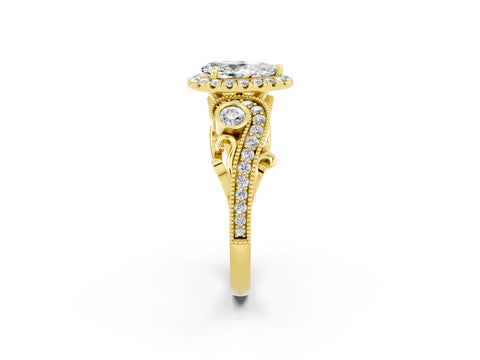 Yellow gold Pear Cut Moissanite Halo Ring with Milgrain Pavé Band and Four-Prong Setting_14