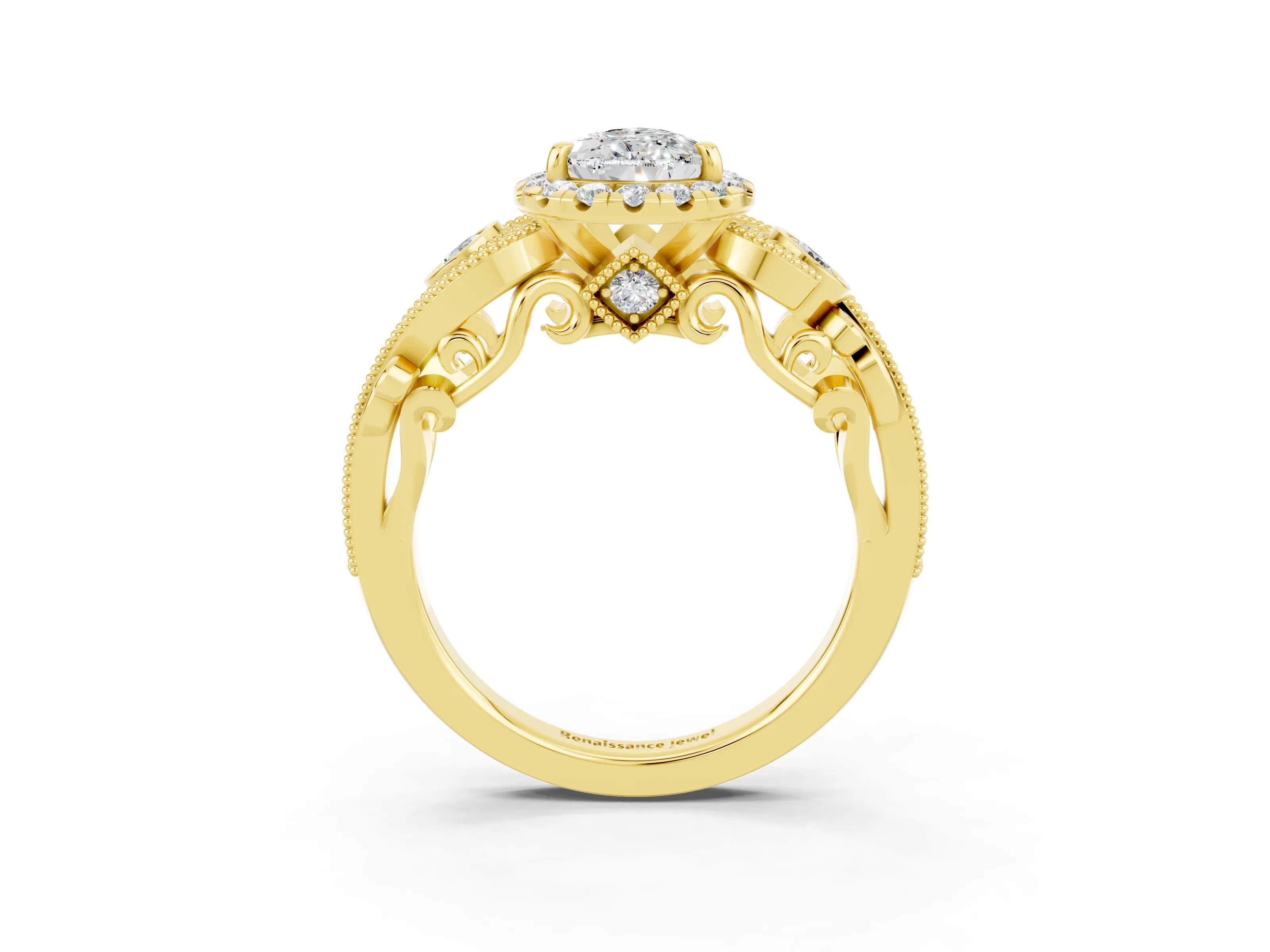 Yellow gold Pear Cut Moissanite Halo Ring with Milgrain Pavé Band and Four-Prong Setting_15