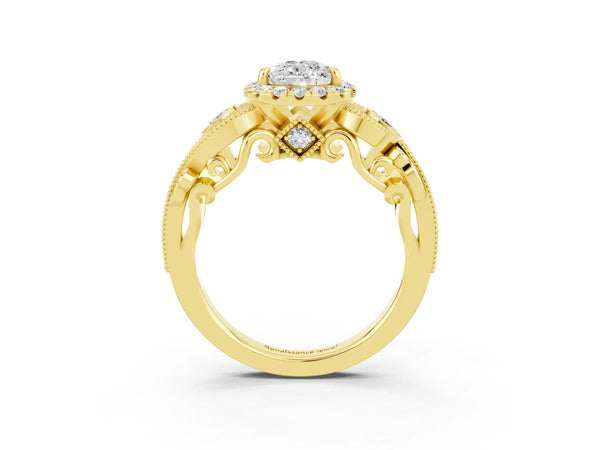 Yellow gold Pear Cut Moissanite Halo Ring with Milgrain Pavé Band and Four-Prong Setting
