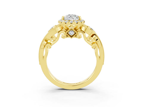 Yellow gold Pear Cut Moissanite Halo Ring with Milgrain Pavé Band and Four-Prong Setting_15