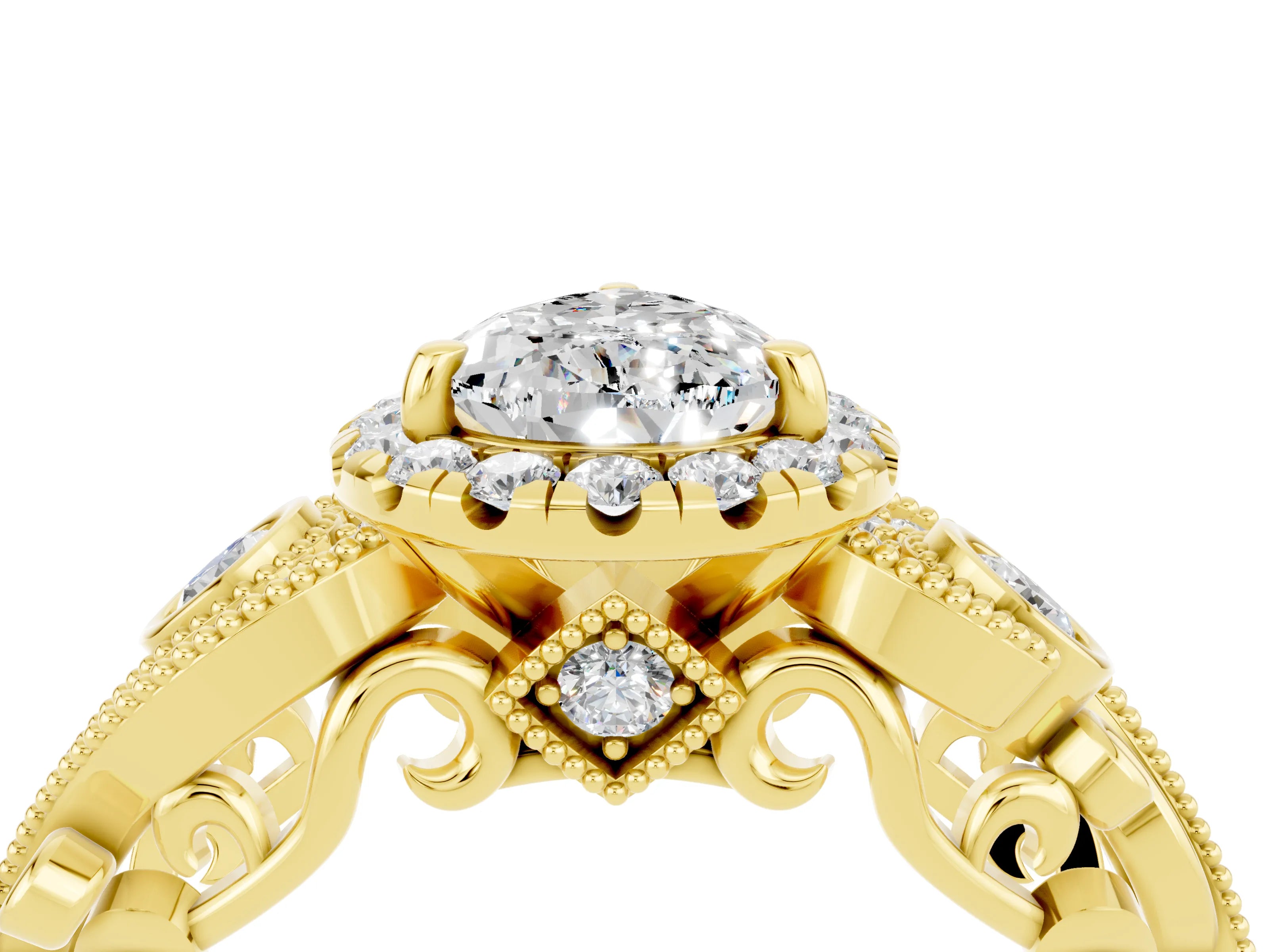 Yellow gold Pear Cut Moissanite Halo Ring with Milgrain Pavé Band and Four-Prong Setting_16