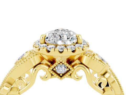 Yellow gold Pear Cut Moissanite Halo Ring with Milgrain Pavé Band and Four-Prong Setting_16