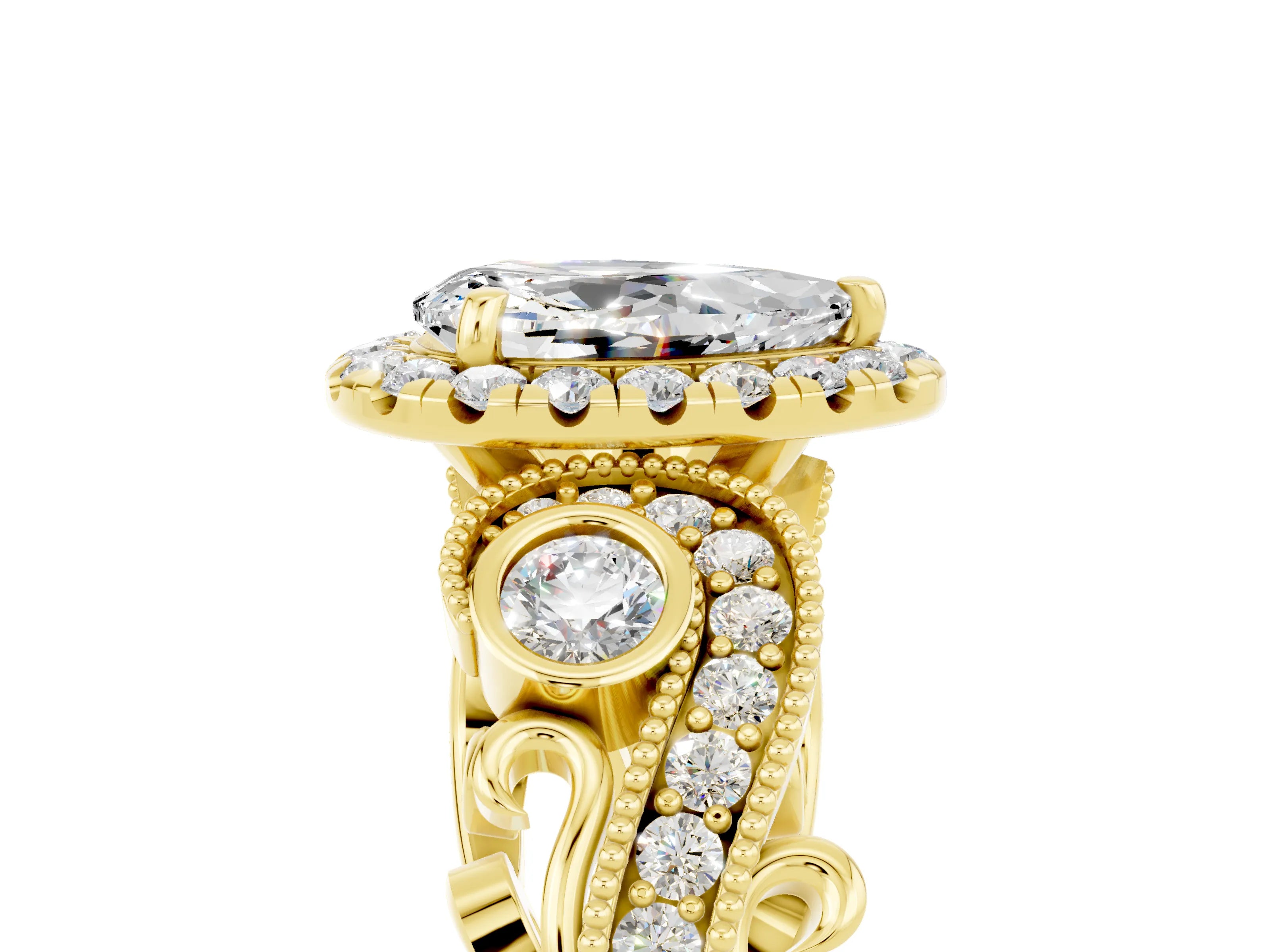 Yellow gold Pear Cut Moissanite Halo Ring with Milgrain Pavé Band and Four-Prong Setting_17