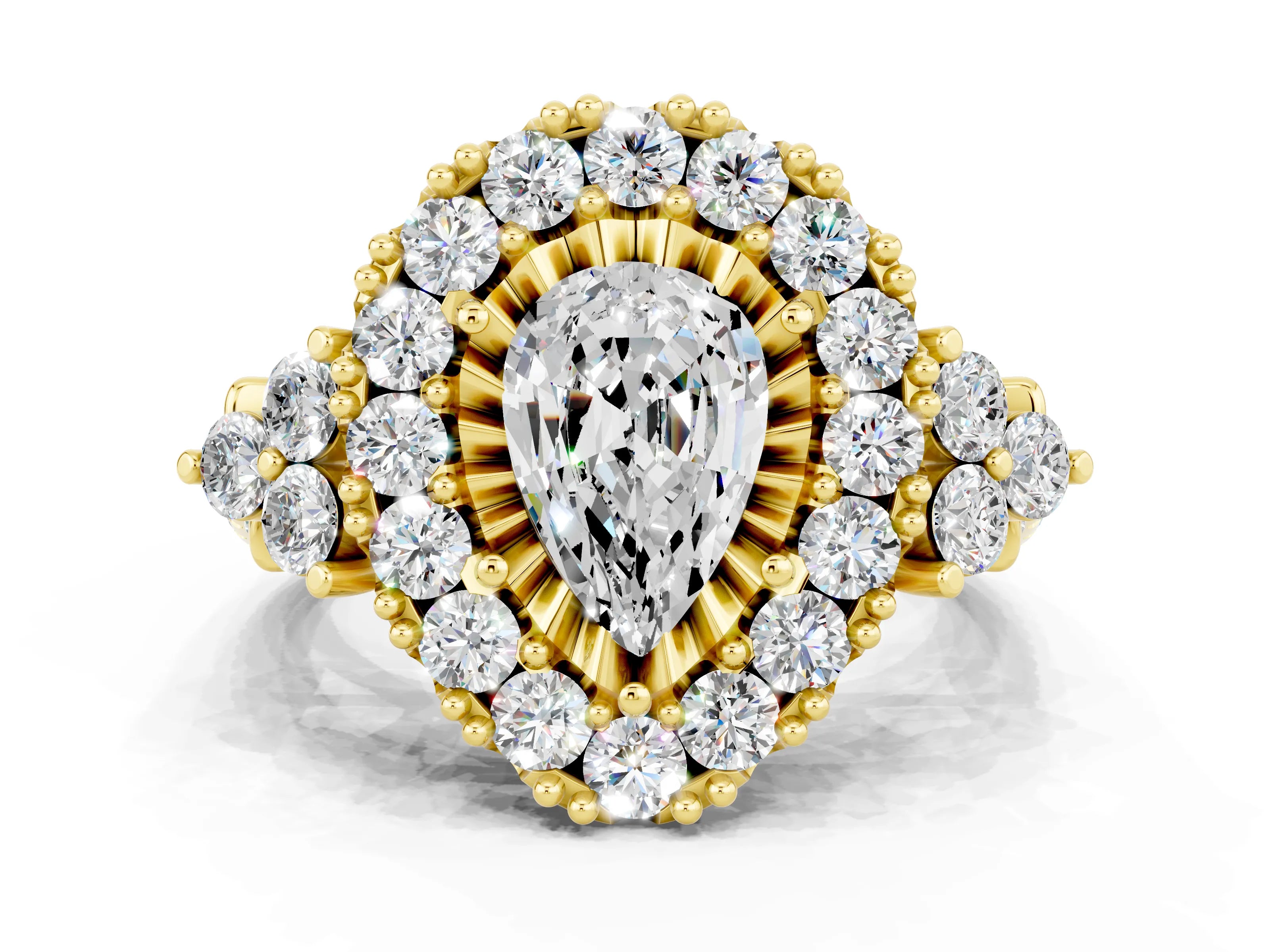 Yellow gold Pear Cut Moissanite Halo Ring with Pavé Band and Four-Prong Setting_12