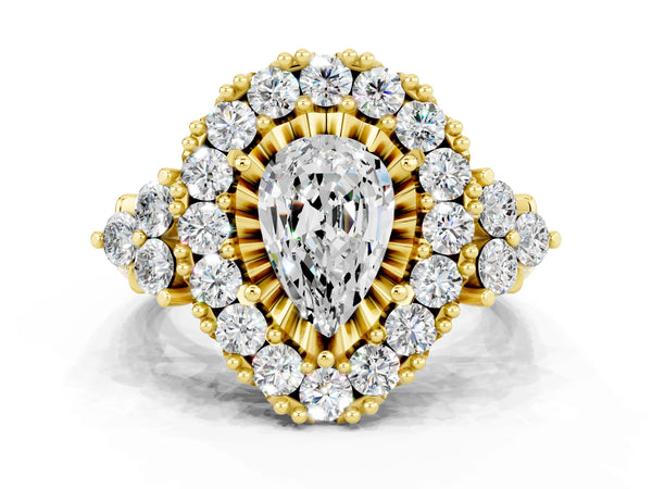 Yellow gold Pear Cut Moissanite Halo Ring with Pavé Band and Four-Prong Setting