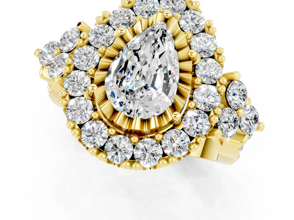 Yellow gold Pear Cut Moissanite Halo Ring with Pavé Band and Four-Prong Setting