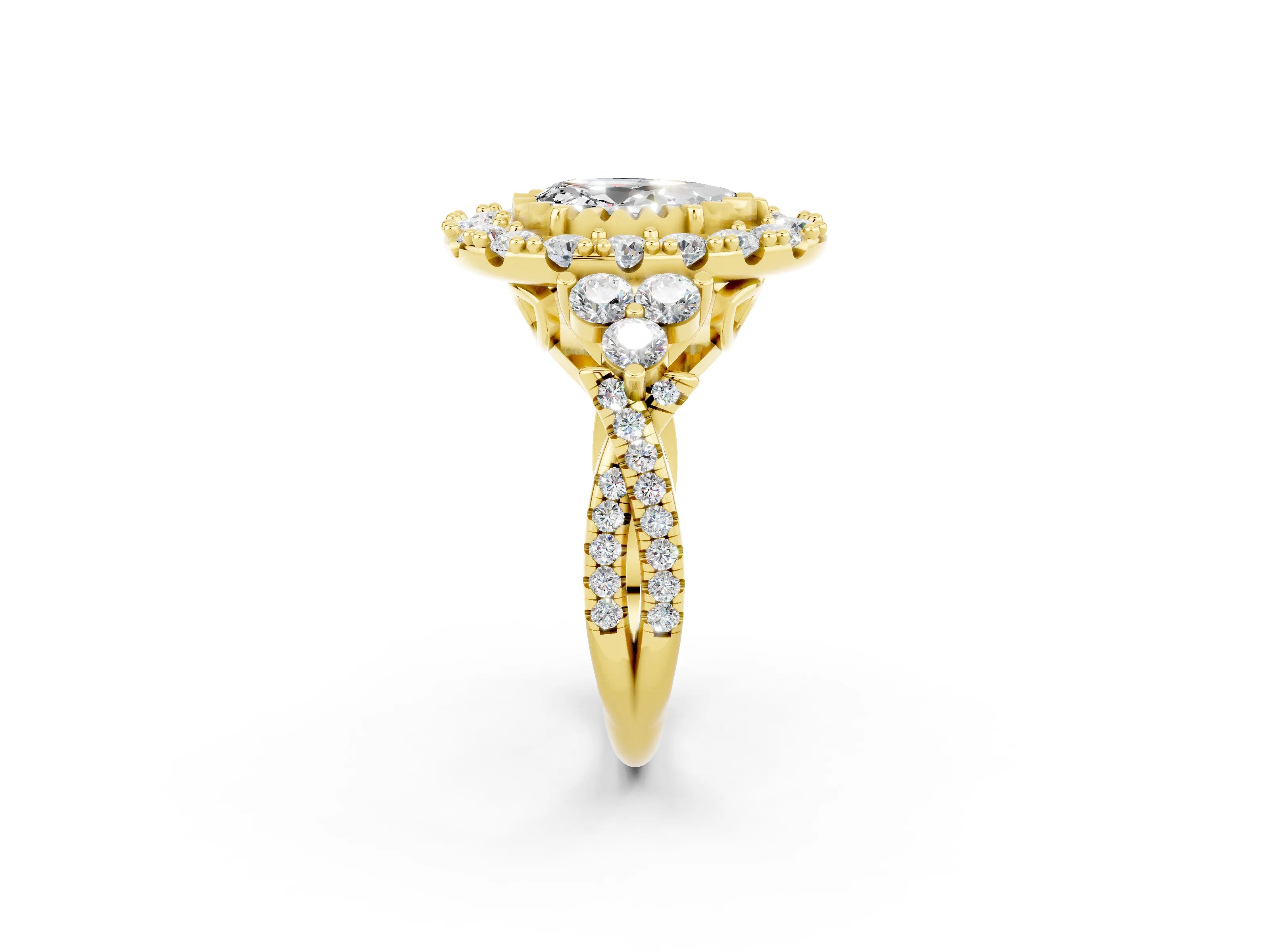 Yellow gold Pear Cut Moissanite Halo Ring with Pavé Band and Four-Prong Setting_14