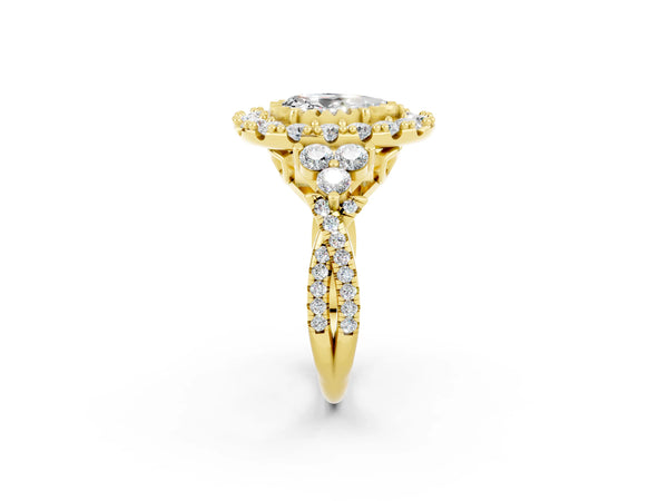 Yellow gold Pear Cut Moissanite Halo Ring with Pavé Band and Four-Prong Setting