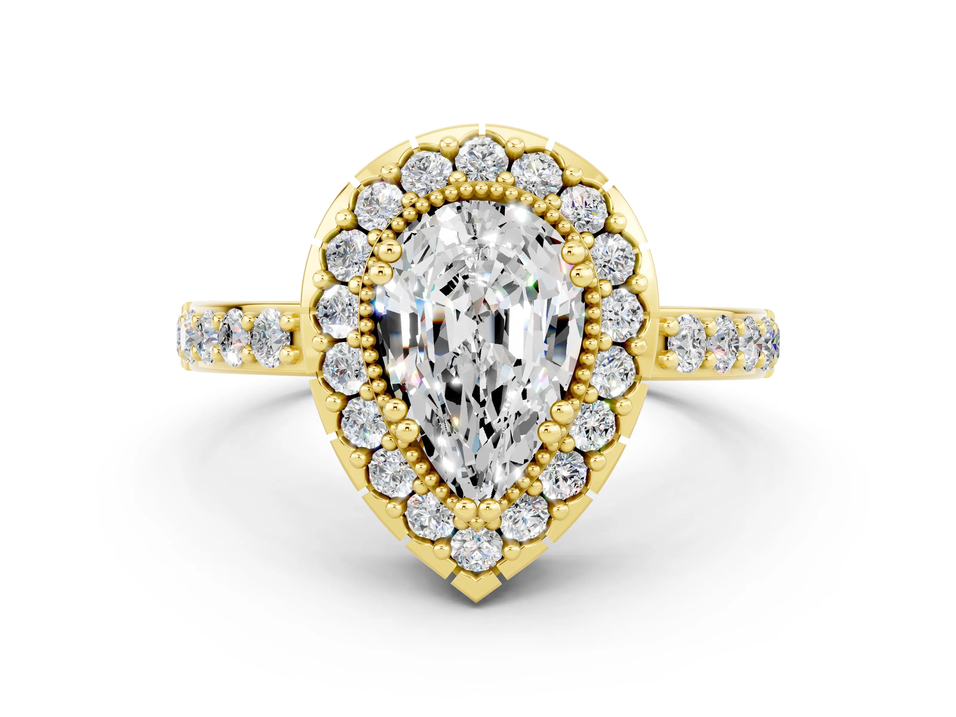 Yellow gold Pear Cut Moissanite Halo Ring with Pavé Band and Prong Setting