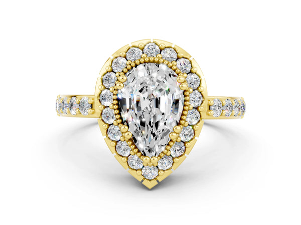 Yellow gold Pear Cut Moissanite Halo Ring with Pavé Band and Prong Setting