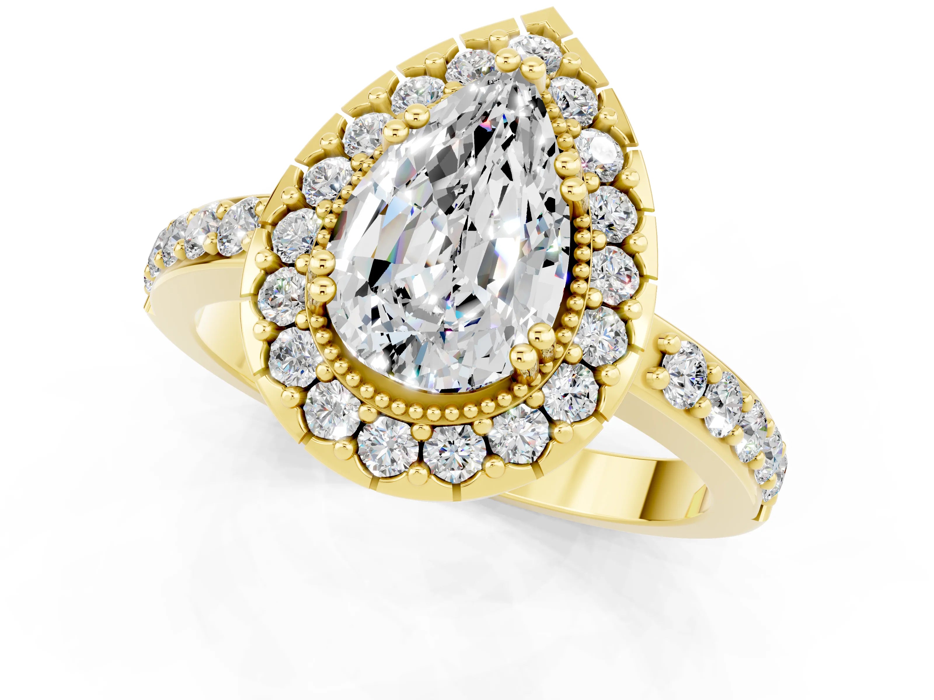 Yellow gold Pear Cut Moissanite Halo Ring with Pavé Band and Prong Setting_1