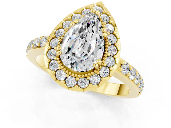 Yellow gold Pear Cut Moissanite Halo Ring with Pavé Band and Prong Setting