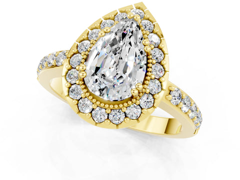 Yellow gold Pear Cut Moissanite Halo Ring with Pavé Band and Prong Setting_1